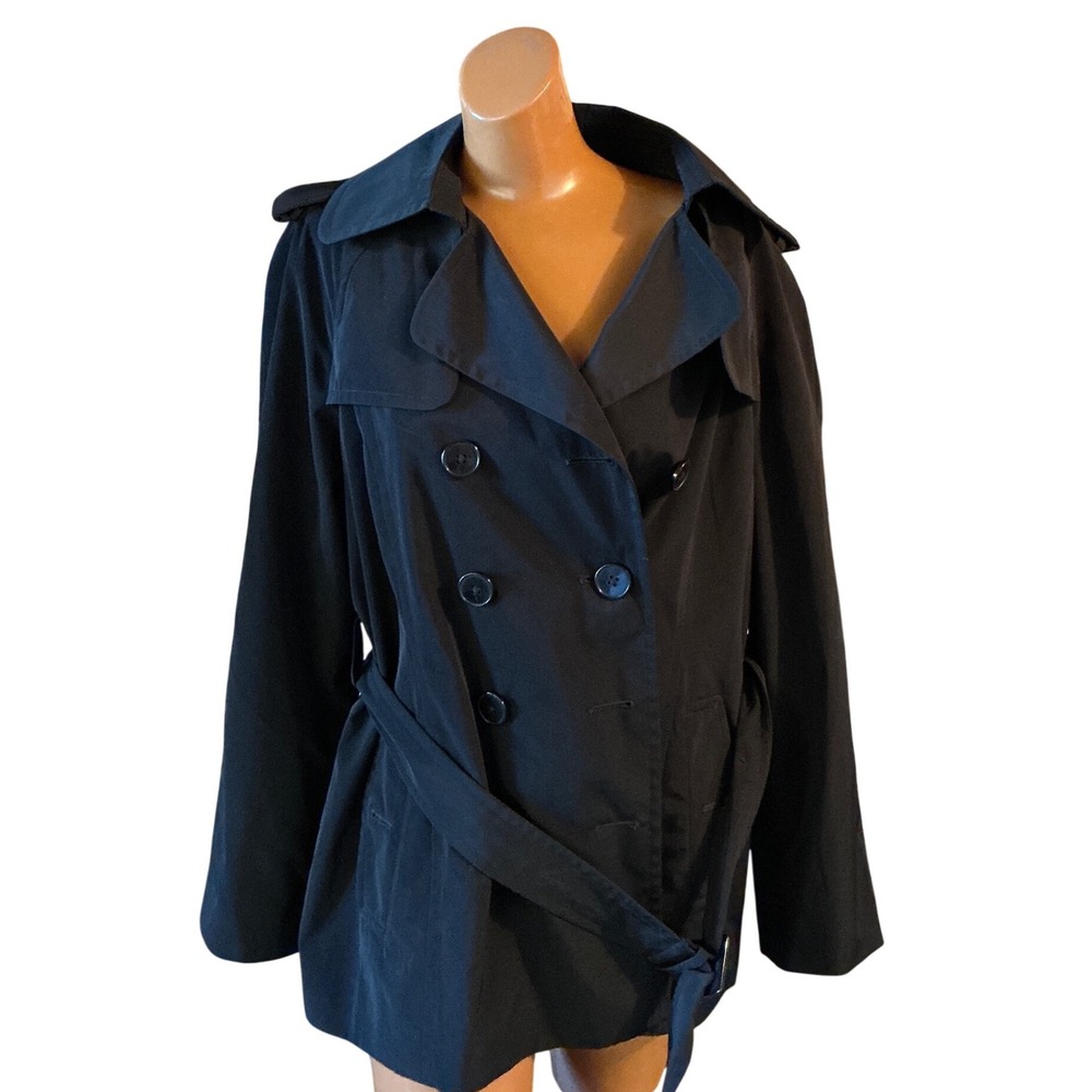 London Fog Black Double Breasted Trench Coat Belted Pleated Back Light Jacket L